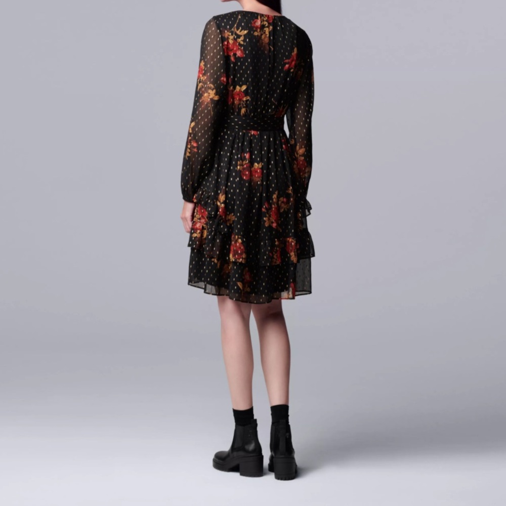 Simply Vera Vera Wang Black Dress with Red and Gold Floral Design - Picture 2 of 9
